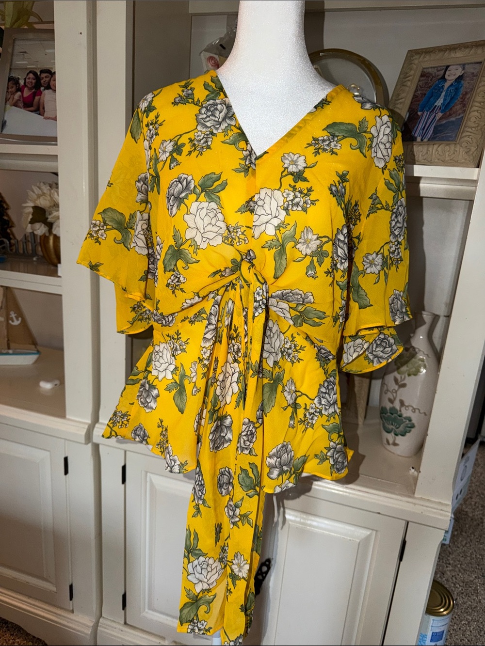 True Destiny Yellow Floral Tie-Front Wrap Blouse